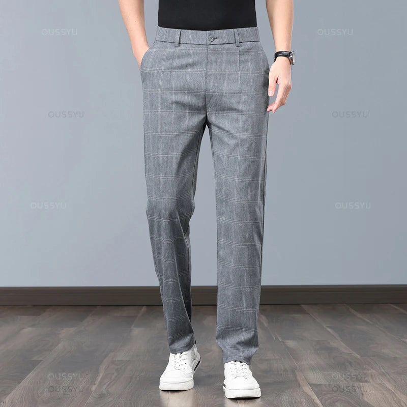 Summer High-Quality Classics Plaid Work Stretch Thin Pants Men Business Fashion Grey Black Party Casual Formal Trousers Male 38