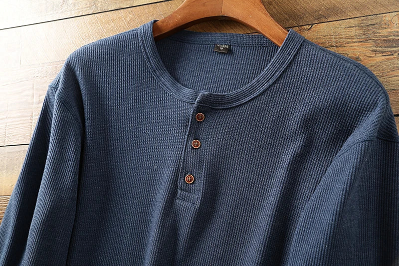 New Fashion Mens Henley Shirts Long Sleeve Half Button Up Thermal Waffle Knit Tops Tees US Size XS-XL