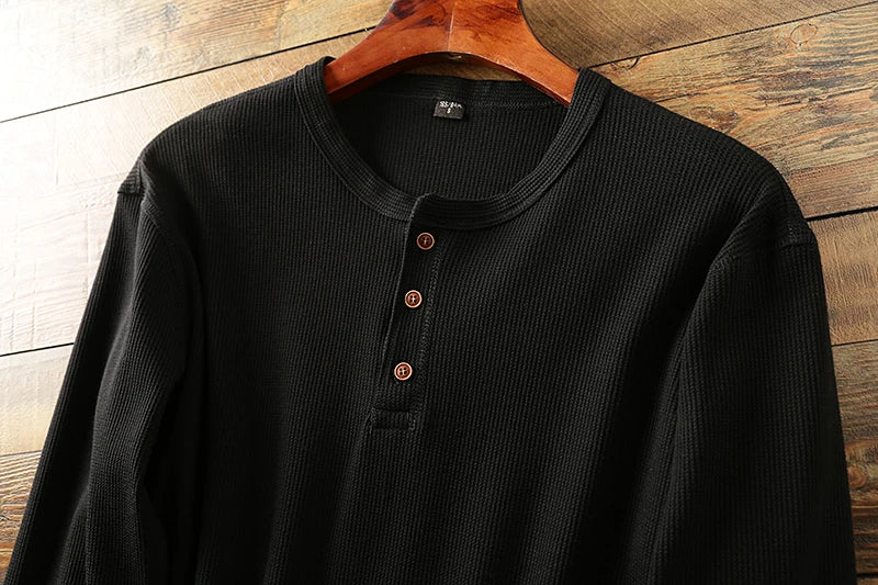 New Fashion Mens Henley Shirts Long Sleeve Half Button Up Thermal Waffle Knit Tops Tees US Size XS-XL