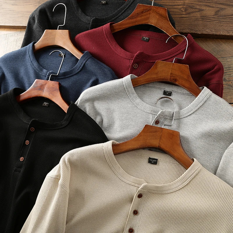 New Fashion Mens Henley Shirts Long Sleeve Half Button Up Thermal Waffle Knit Tops Tees US Size XS-XL