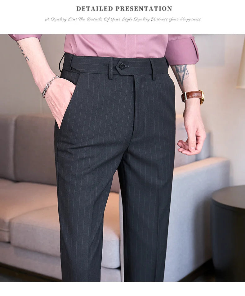 Men's Tailored Striped Dress Pants with Adjustable Waistband – Sleek Vertical Design for Business Formal & Modern Sophistication