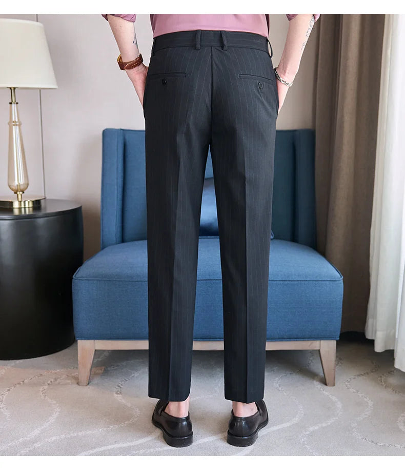 Men's Tailored Striped Dress Pants with Adjustable Waistband – Sleek Vertical Design for Business Formal & Modern Sophistication