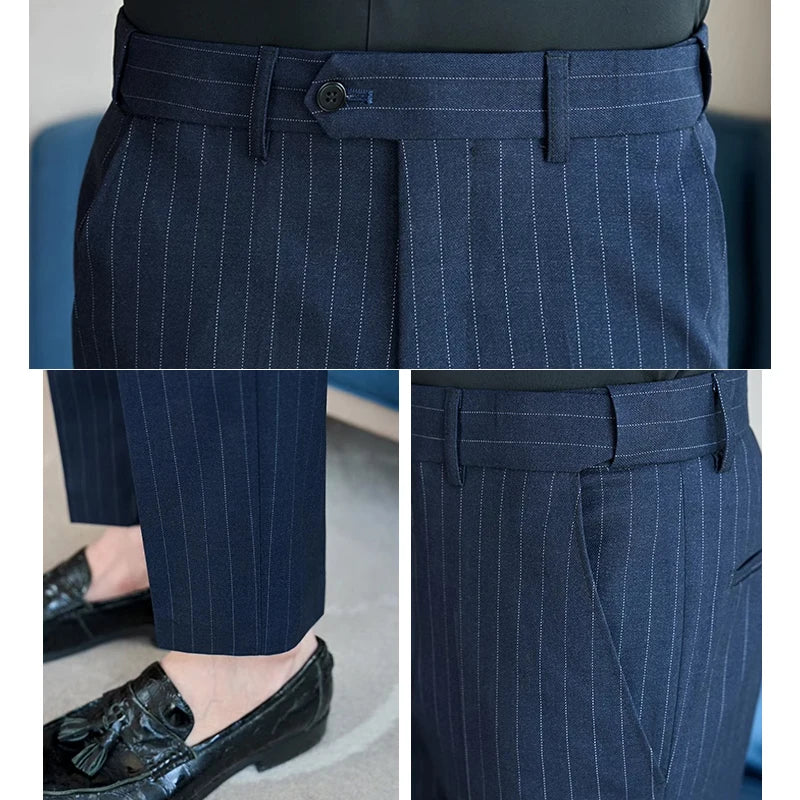 Men's Tailored Striped Dress Pants with Adjustable Waistband – Sleek Vertical Design for Business Formal & Modern Sophistication