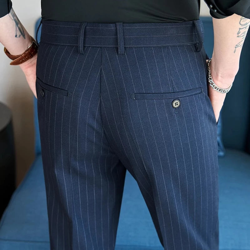 Men's Tailored Striped Dress Pants with Adjustable Waistband – Sleek Vertical Design for Business Formal & Modern Sophistication