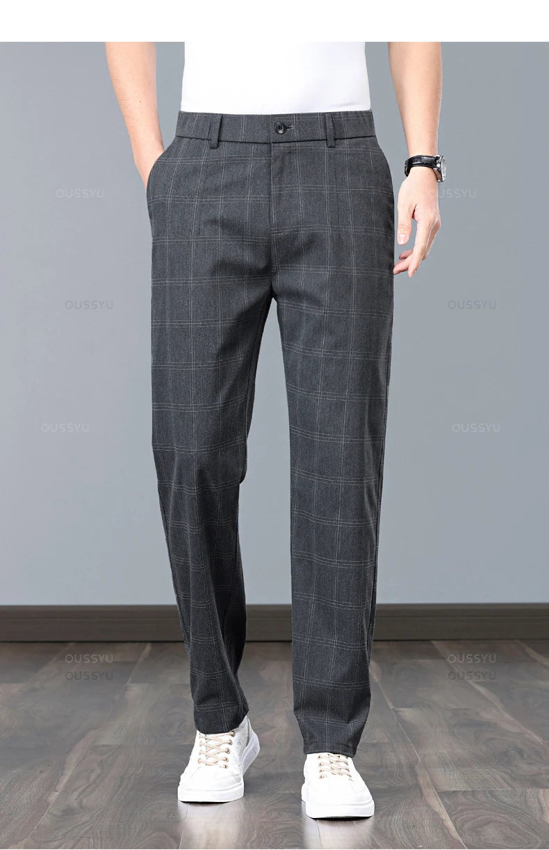 Summer High-Quality Classics Plaid Work Stretch Thin Pants Men Business Fashion Grey Black Party Casual Formal Trousers Male 38