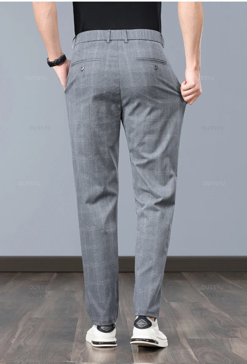 Summer High-Quality Classics Plaid Work Stretch Thin Pants Men Business Fashion Grey Black Party Casual Formal Trousers Male 38