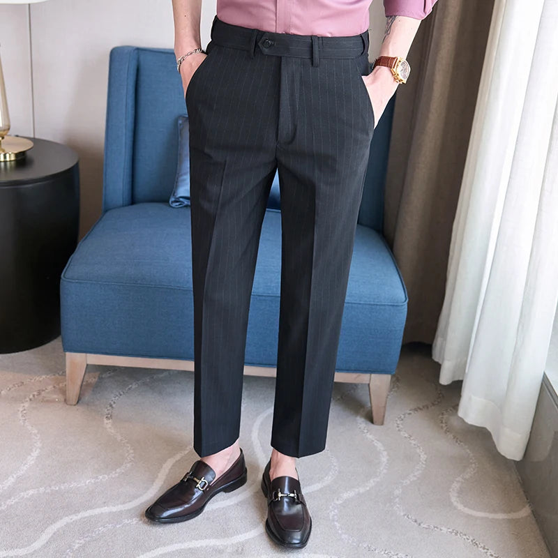 Men's Tailored Striped Dress Pants with Adjustable Waistband – Sleek Vertical Design for Business Formal & Modern Sophistication