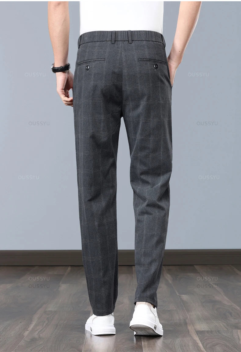 Summer High-Quality Classics Plaid Work Stretch Thin Pants Men Business Fashion Grey Black Party Casual Formal Trousers Male 38