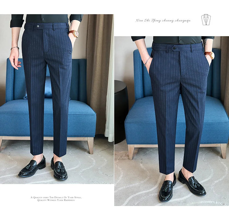 Men's Tailored Striped Dress Pants with Adjustable Waistband – Sleek Vertical Design for Business Formal & Modern Sophistication