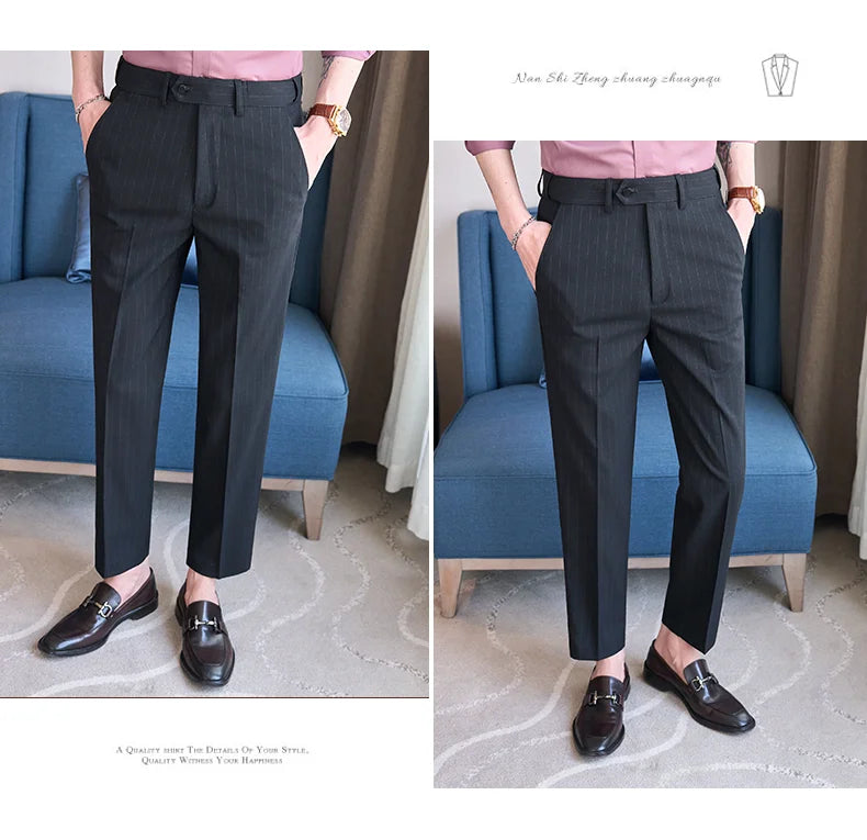 Men's Tailored Striped Dress Pants with Adjustable Waistband – Sleek Vertical Design for Business Formal & Modern Sophistication