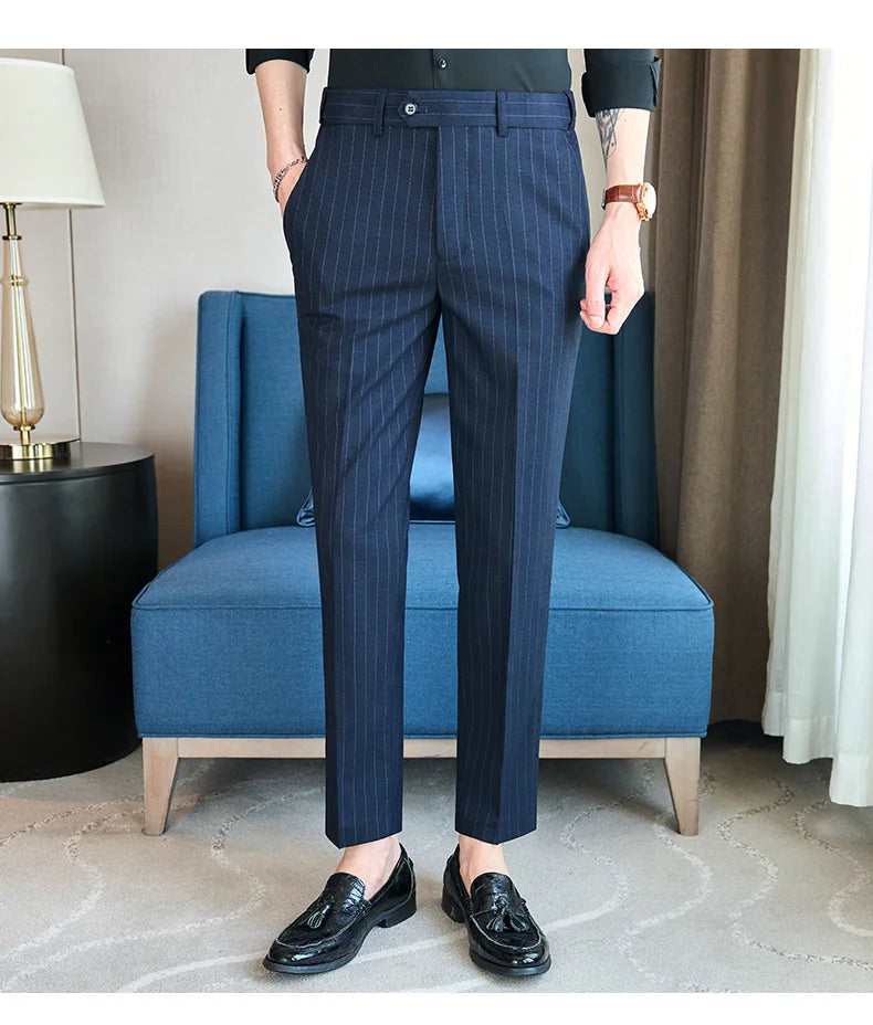 Men's Tailored Striped Dress Pants with Adjustable Waistband – Sleek Vertical Design for Business Formal & Modern Sophistication