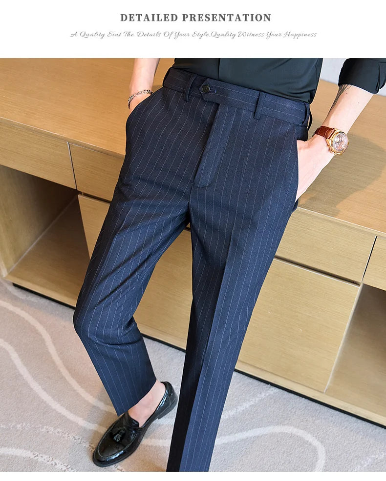 Men's Tailored Striped Dress Pants with Adjustable Waistband – Sleek Vertical Design for Business Formal & Modern Sophistication