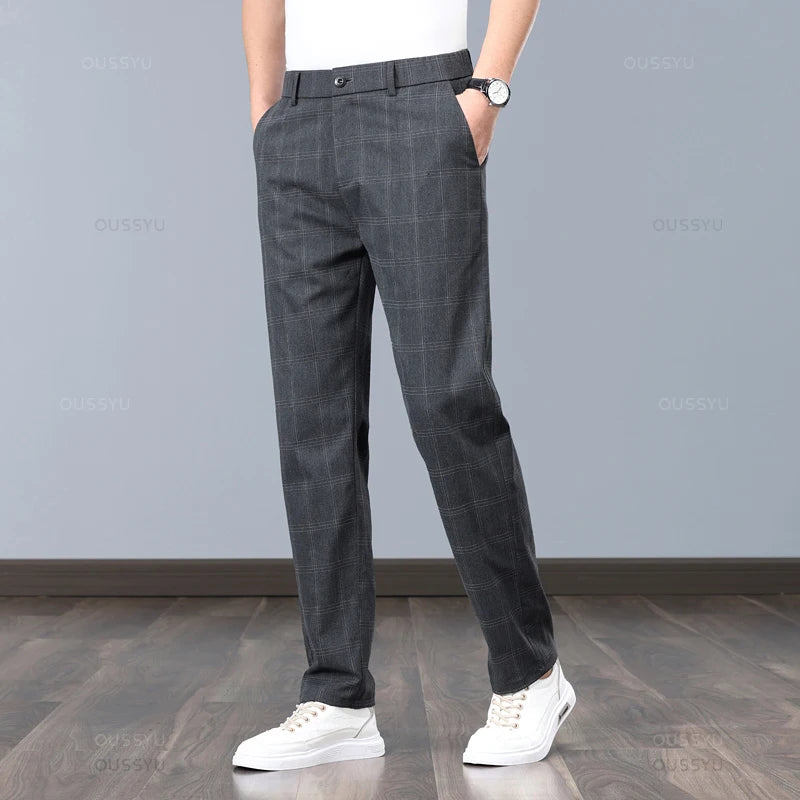 Summer High-Quality Classics Plaid Work Stretch Thin Pants Men Business Fashion Grey Black Party Casual Formal Trousers Male 38