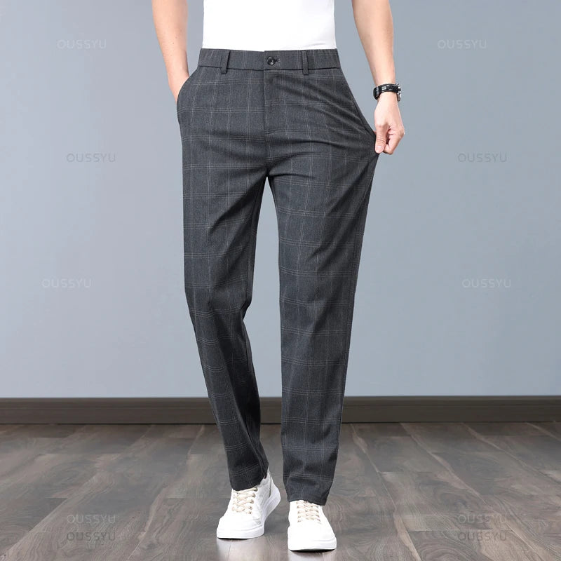 Summer High-Quality Classics Plaid Work Stretch Thin Pants Men Business Fashion Grey Black Party Casual Formal Trousers Male 38