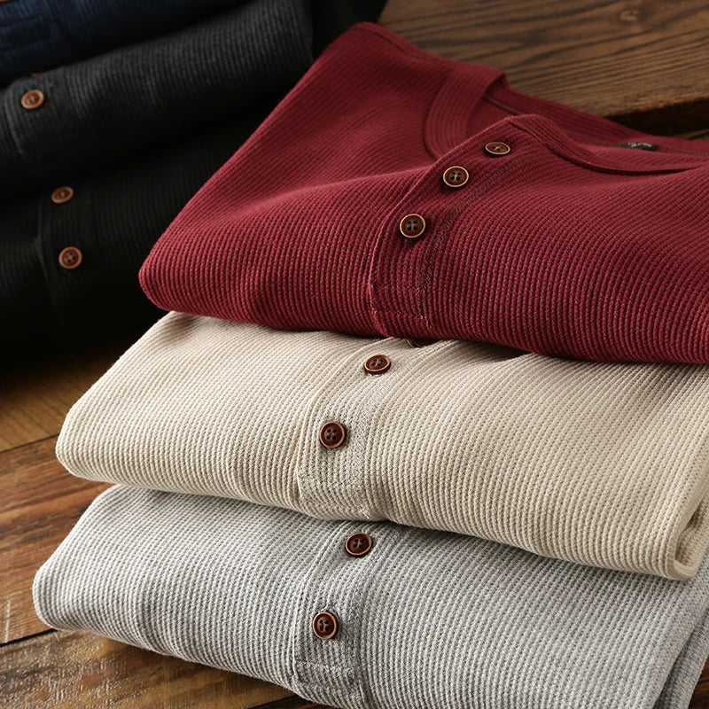 New Fashion Mens Henley Shirts Long Sleeve Half Button Up Thermal Waffle Knit Tops Tees US Size XS-XL