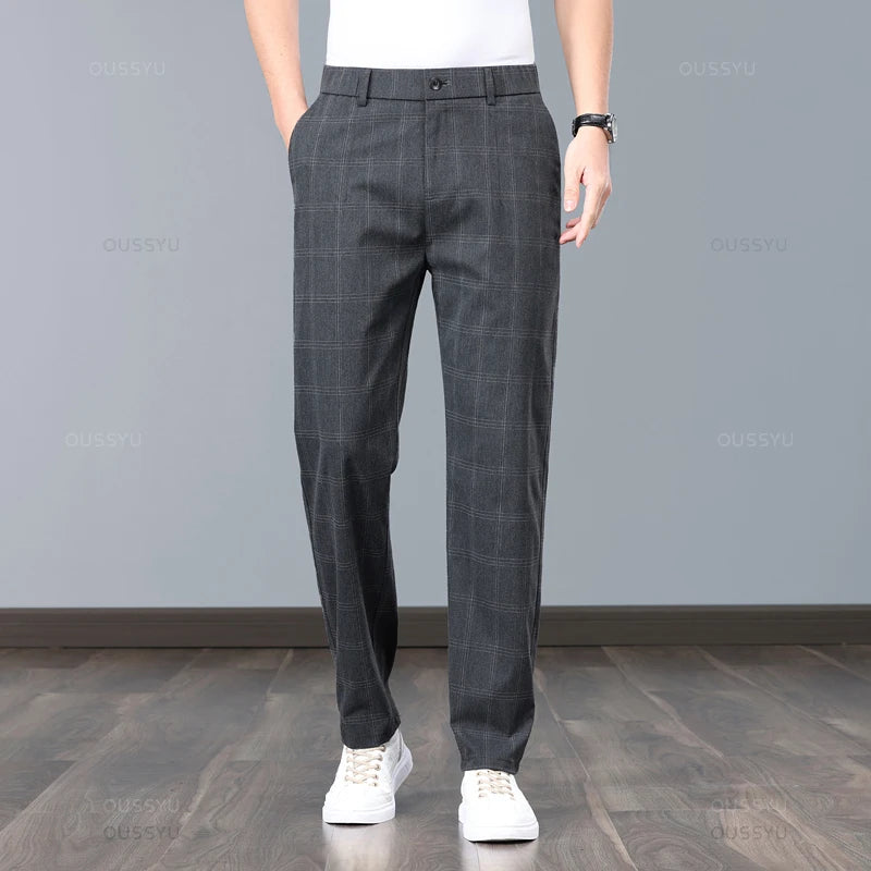 Summer High-Quality Classics Plaid Work Stretch Thin Pants Men Business Fashion Grey Black Party Casual Formal Trousers Male 38