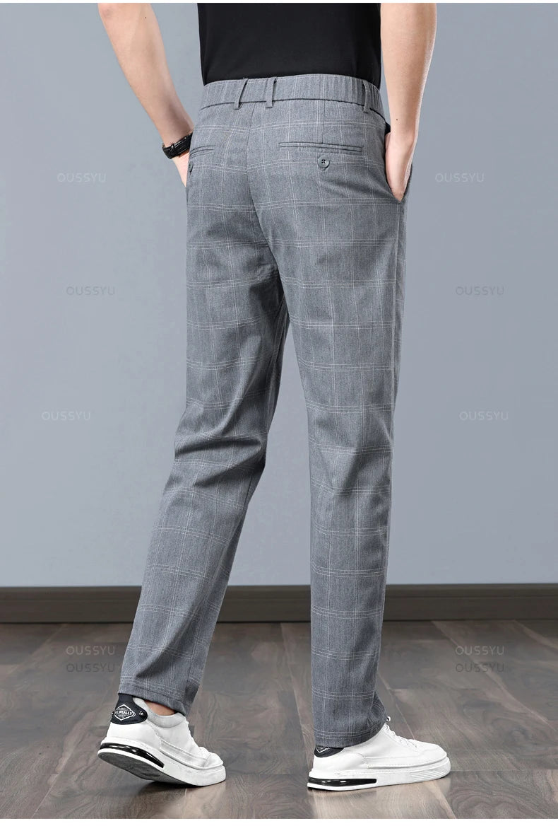 Summer High-Quality Classics Plaid Work Stretch Thin Pants Men Business Fashion Grey Black Party Casual Formal Trousers Male 38