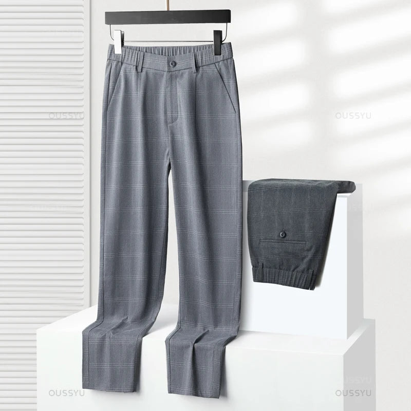 Summer High-Quality Classics Plaid Work Stretch Thin Pants Men Business Fashion Grey Black Party Casual Formal Trousers Male 38