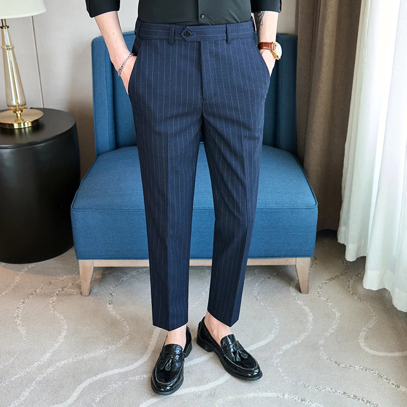 Men's Tailored Striped Dress Pants with Adjustable Waistband – Sleek Vertical Design for Business Formal & Modern Sophistication