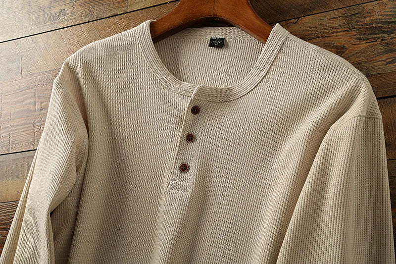 New Fashion Mens Henley Shirts Long Sleeve Half Button Up Thermal Waffle Knit Tops Tees US Size XS-XL