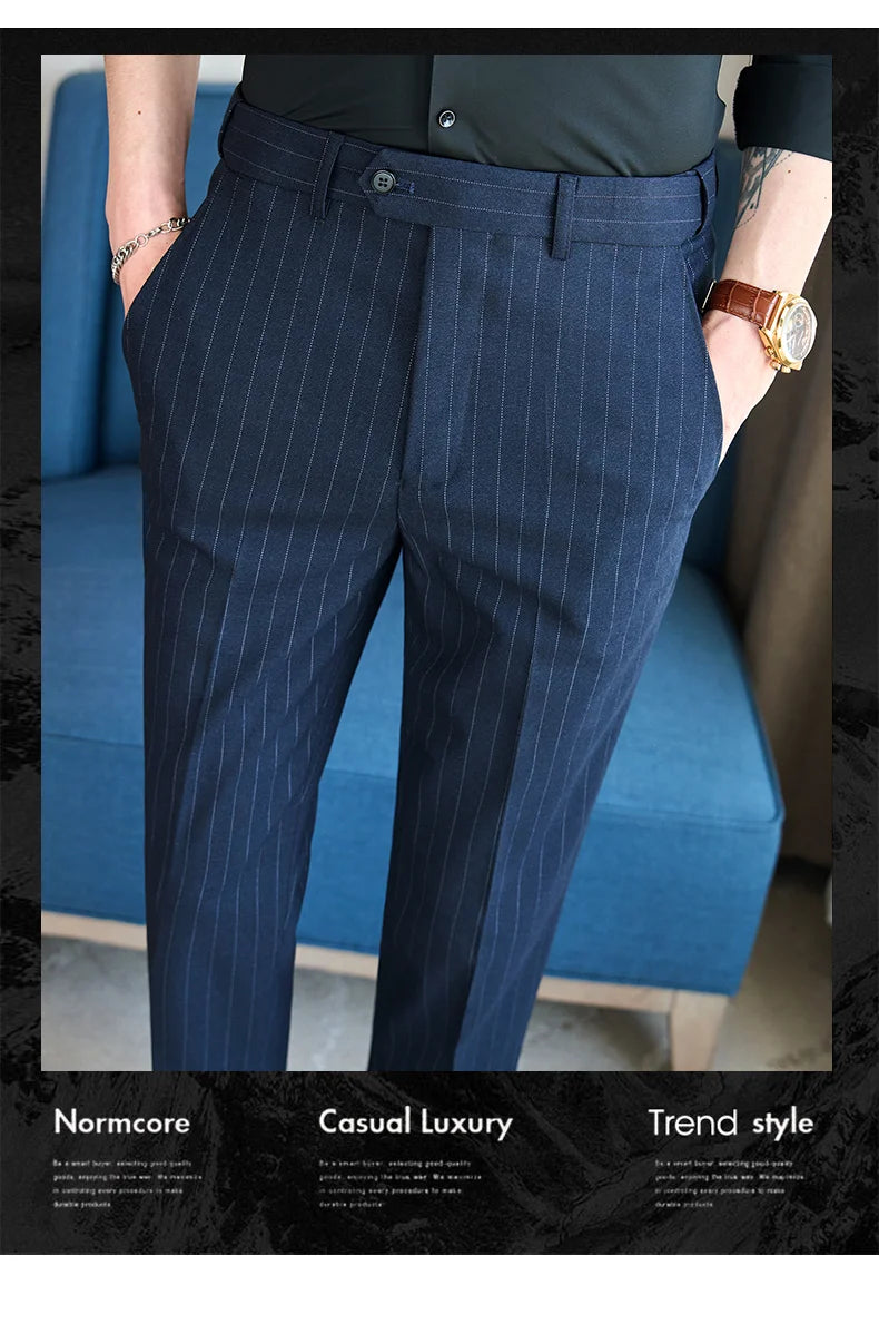 Men's Tailored Striped Dress Pants with Adjustable Waistband – Sleek Vertical Design for Business Formal & Modern Sophistication