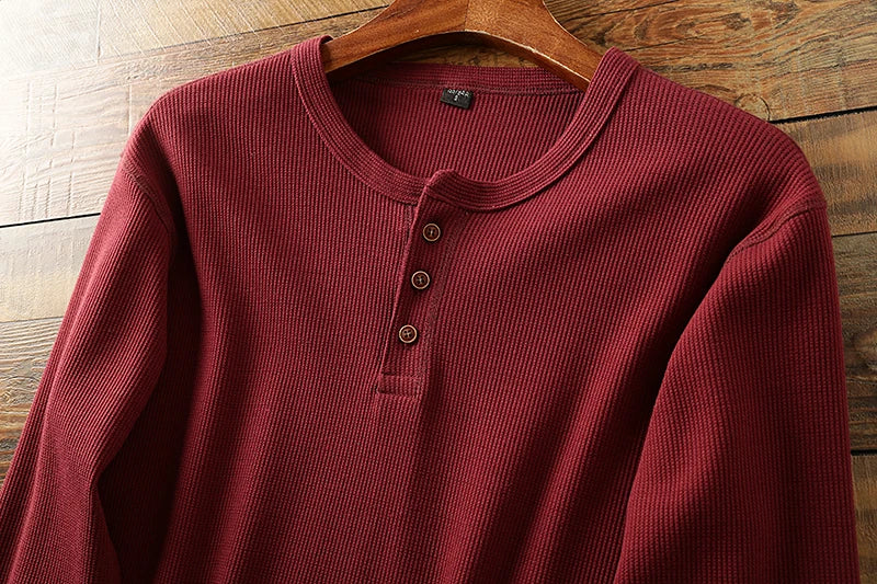 New Fashion Mens Henley Shirts Long Sleeve Half Button Up Thermal Waffle Knit Tops Tees US Size XS-XL