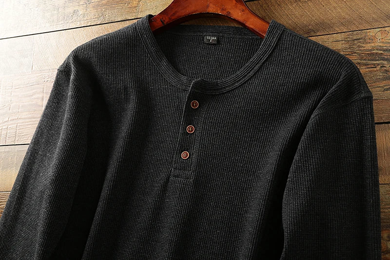 New Fashion Mens Henley Shirts Long Sleeve Half Button Up Thermal Waffle Knit Tops Tees US Size XS-XL