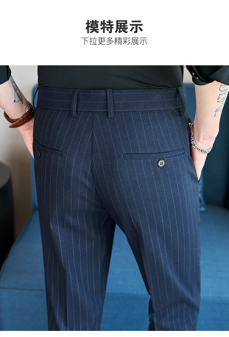 Men's Tailored Striped Dress Pants with Adjustable Waistband – Sleek Vertical Design for Business Formal & Modern Sophistication
