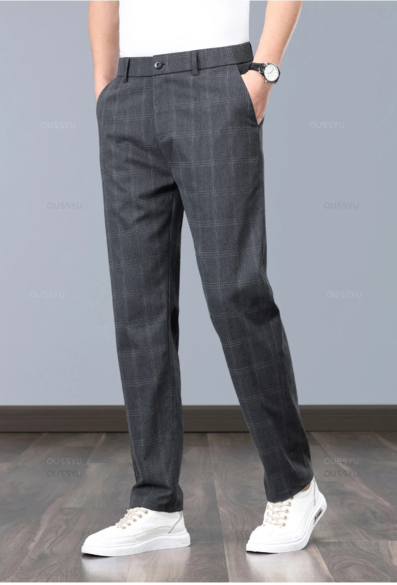 Summer High-Quality Classics Plaid Work Stretch Thin Pants Men Business Fashion Grey Black Party Casual Formal Trousers Male 38