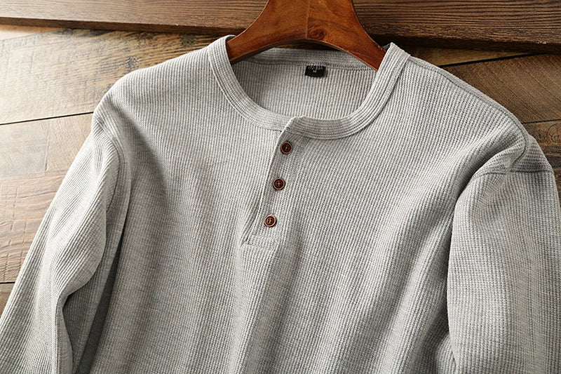 New Fashion Mens Henley Shirts Long Sleeve Half Button Up Thermal Waffle Knit Tops Tees US Size XS-XL