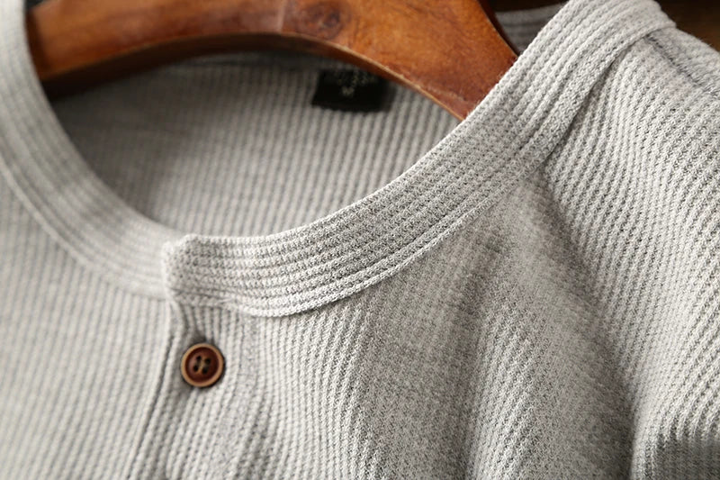 New Fashion Mens Henley Shirts Long Sleeve Half Button Up Thermal Waffle Knit Tops Tees US Size XS-XL