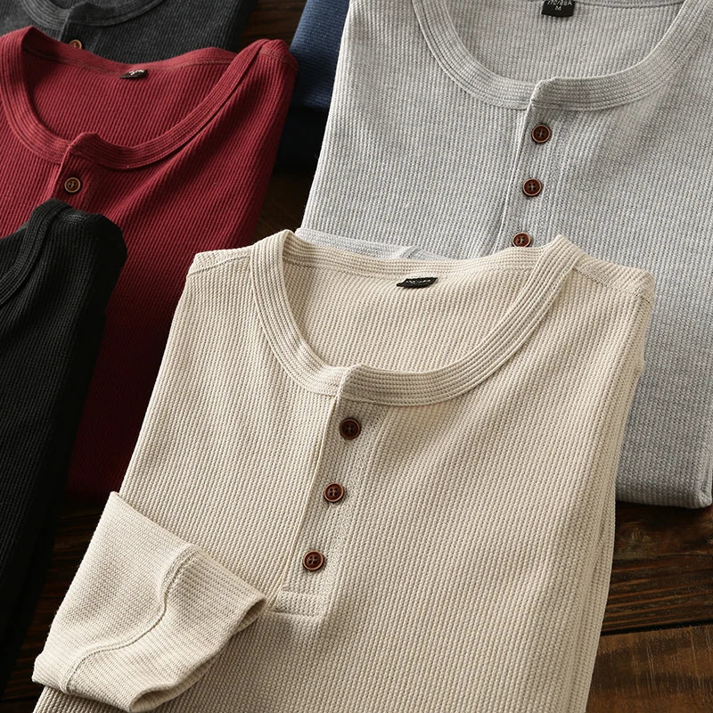 New Fashion Mens Henley Shirts Long Sleeve Half Button Up Thermal Waffle Knit Tops Tees US Size XS-XL